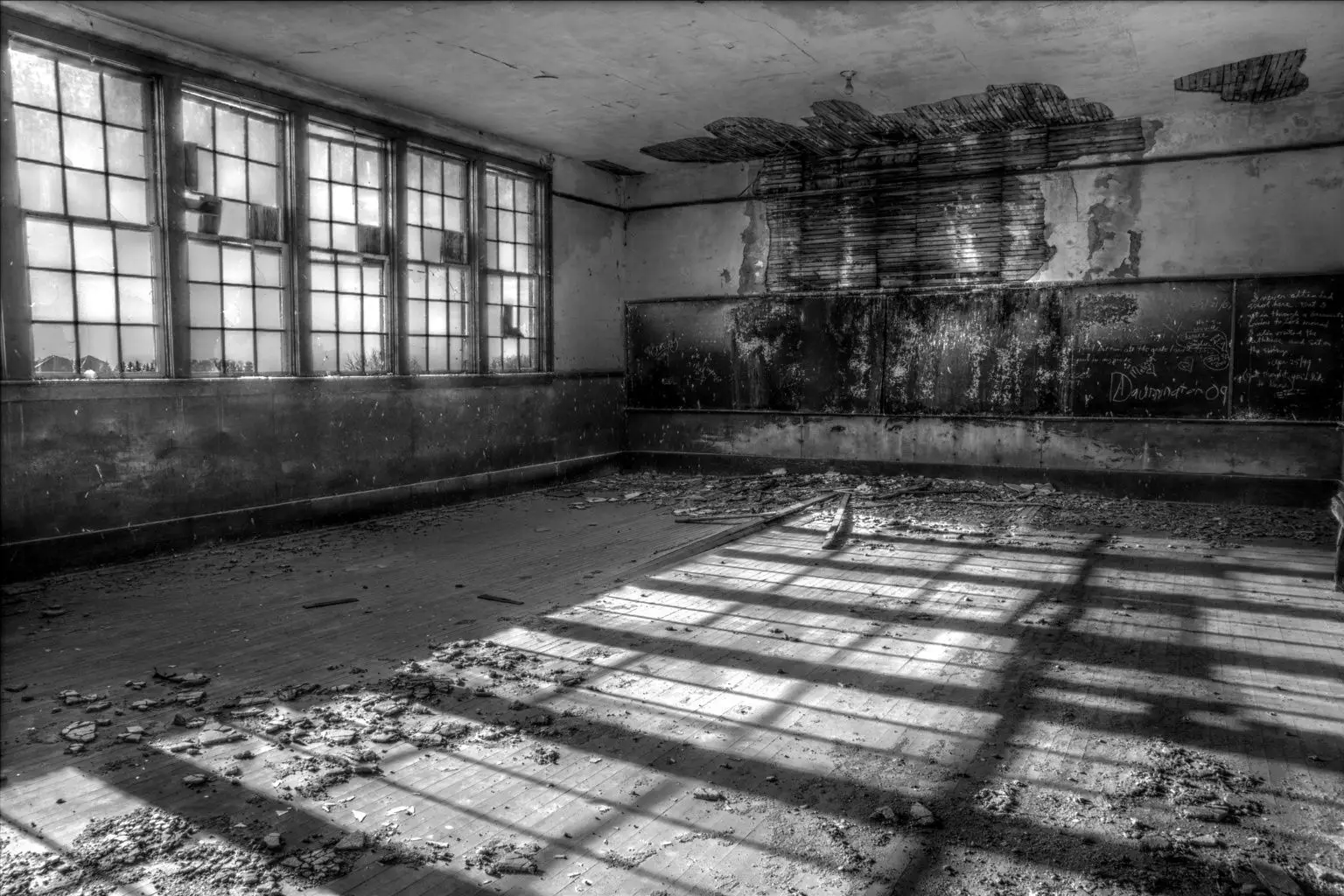 Sunlight shadows in the abandoned Menno school house classroom